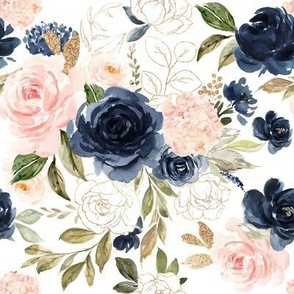 Blush, Navy and Gold Watercolor Florals
