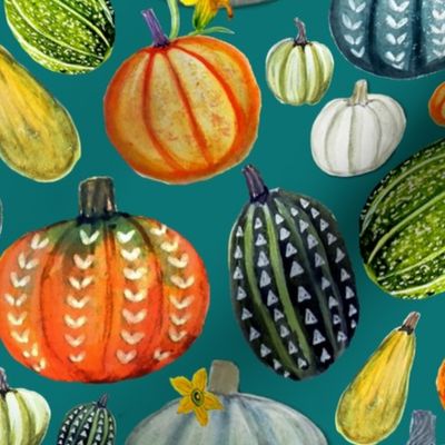 Gourd and pumpkin Harvest painted on teal