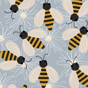 Bees daisies pattern in grey 