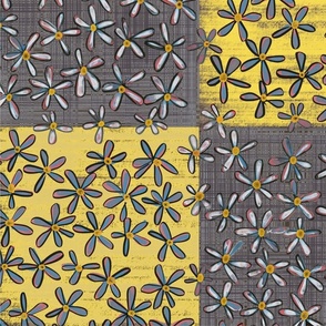(M) Patchwork Daisies Grey Yellow Color Block