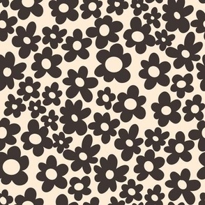 retro flowers fabric - 90s flower fabric, 70s fabric -coffee ivory