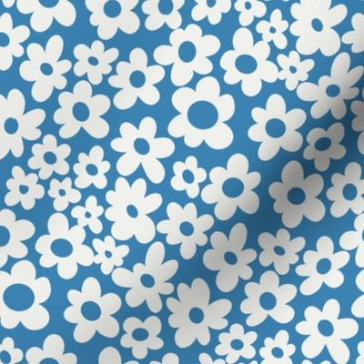 retro flowers fabric - 90s flower fabric, 70s fabric - Paris blue