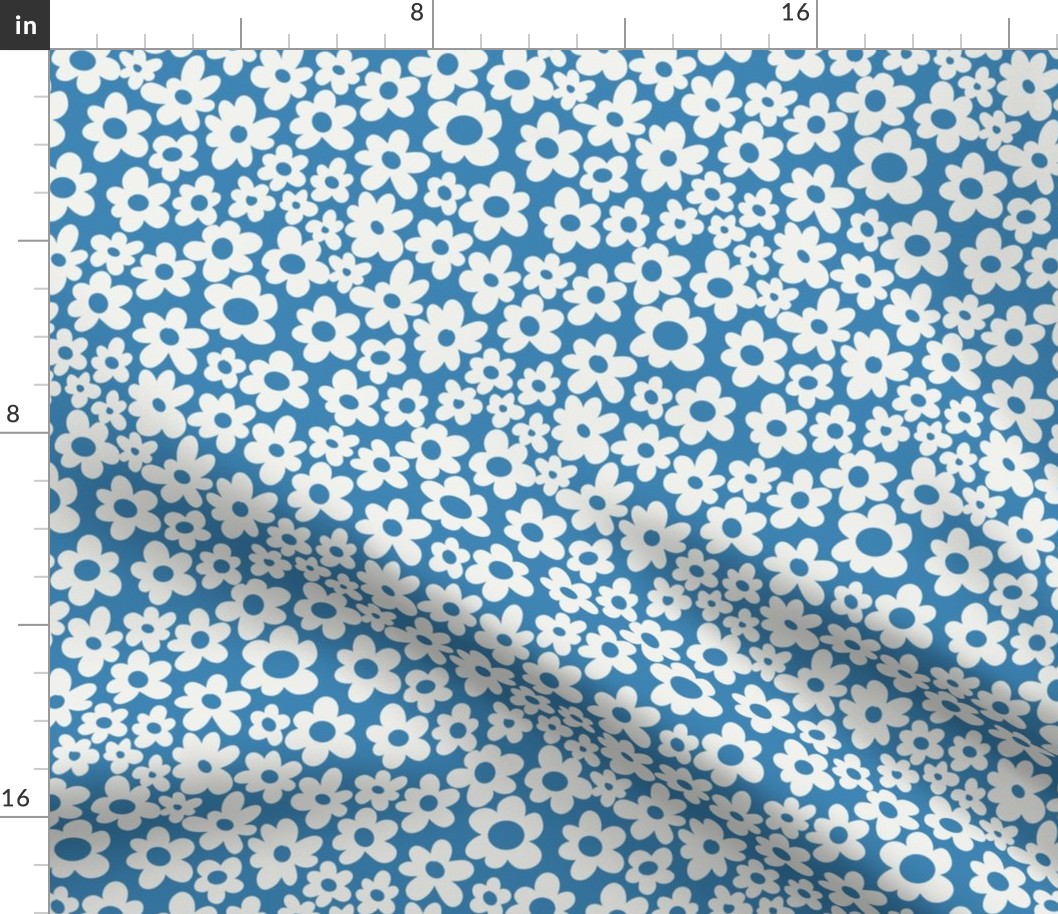 retro flowers fabric - 90s flower fabric, 70s fabric - Paris blue