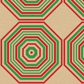 Holiday octagons, red, green on kraft