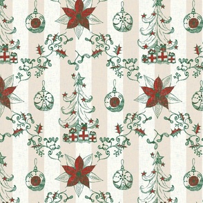 Christmas toile Decorating tree Poppy red and Emerald green on Natural Matching Petal solids Medium scale