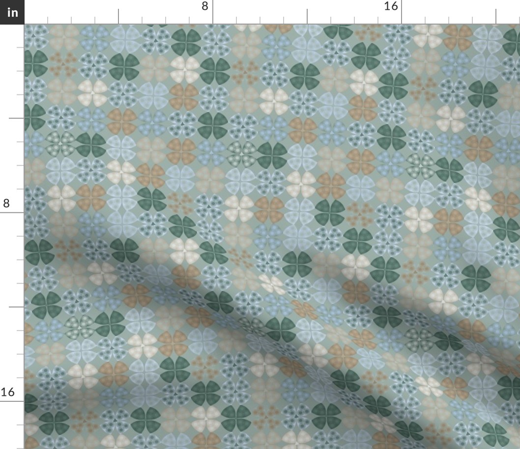 354 - Four leaf clovers in muted safe, grey and toffee: medium scale for apparel and home decor items