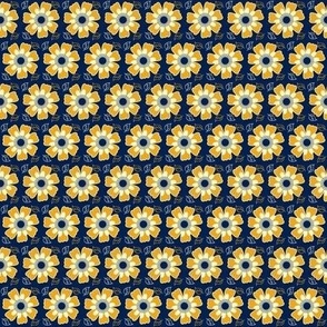 Cottage Garden Stylized Floral in Navy Blue and Buttery Golden Mustard, Small Scale For home decor items, bedlinen, cotton tablecloths, upholstery and girls dresses