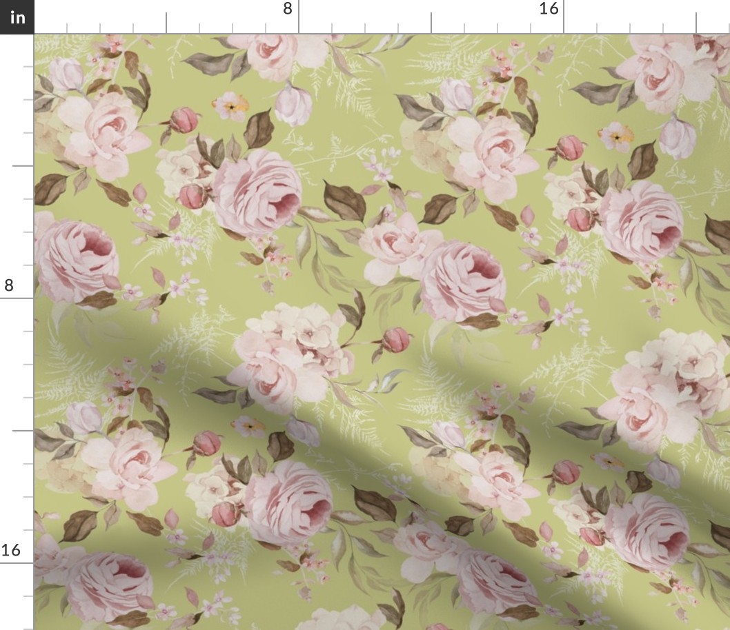 10" Hand painted watercolor flowers rose Floral spring bouquets/ Roses blush on apple green Fabric