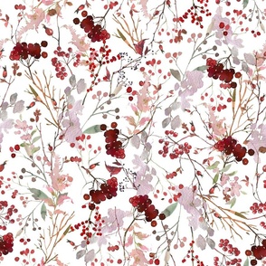  18" Colorful wild red fall berries  meadow,watercolor wildgrasses on white