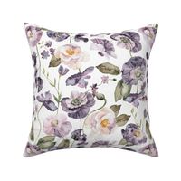 Purple Poppies, Purple Poppy Flower Fabric,  handpainted flowers - white