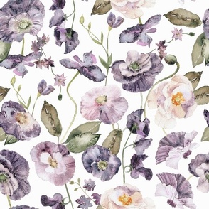 Purple Poppies, Purple Poppy Flower Fabric,  handpainted flowers - white