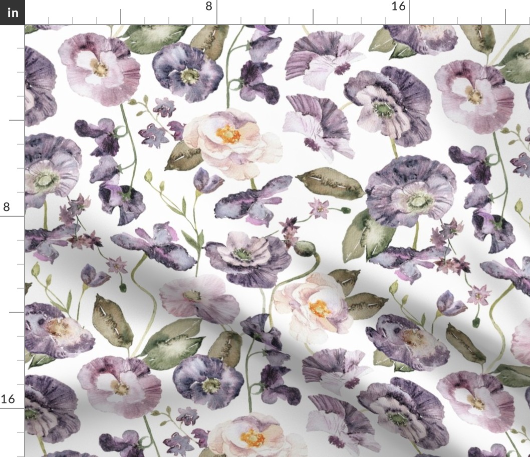 Purple Poppies, Purple Poppy Flower Fabric,  handpainted flowers - white