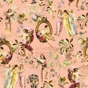 12 " Vintage fantasy - Rococo Antique Flowers, Rococo Fabric,  peach- Marie Antoinette Chinoiserie inspired