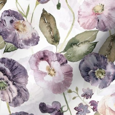Purple Poppies, Purple Poppy Flower Fabric,  handpainted flowers double layer - white