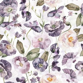 Purple Poppies, Purple Poppy Flower Fabric,  handpainted flowers double layer - white