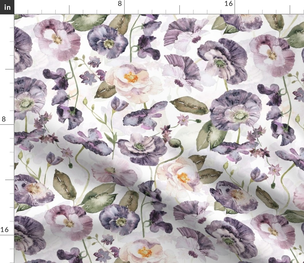 Purple Poppies, Purple Poppy Flower Fabric,  handpainted flowers double layer - white