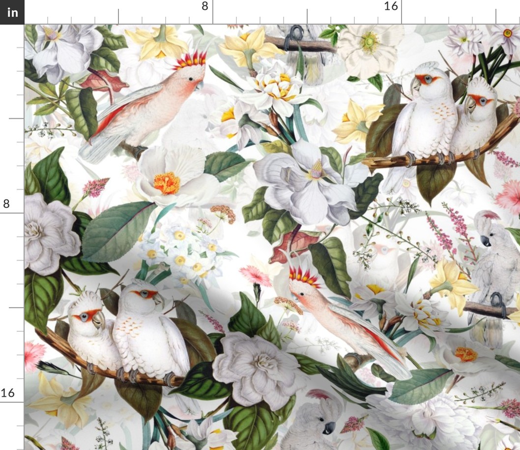 21"  Pink Parrots Birds and Exotic Flowers Vintage Pattern,  Parrot Fabric, Vintage Fabric, on white - double layer