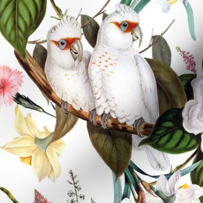 21"  Pink Parrots Birds and Exotic Flowers Vintage Pattern,  Parrot Fabric, Vintage Fabric, on white 
