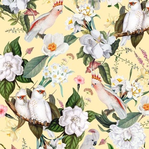 21"  Pink Parrots Birds and Exotic Flowers Vintage Pattern,  Parrot Fabric, Vintage Fabric, on yellow