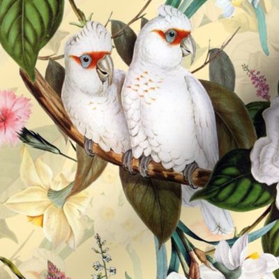 21"  Pink Parrots Birds and Exotic Flowers Vintage Pattern,  Parrot Fabric, Vintage Fabric, on yellow - double layer