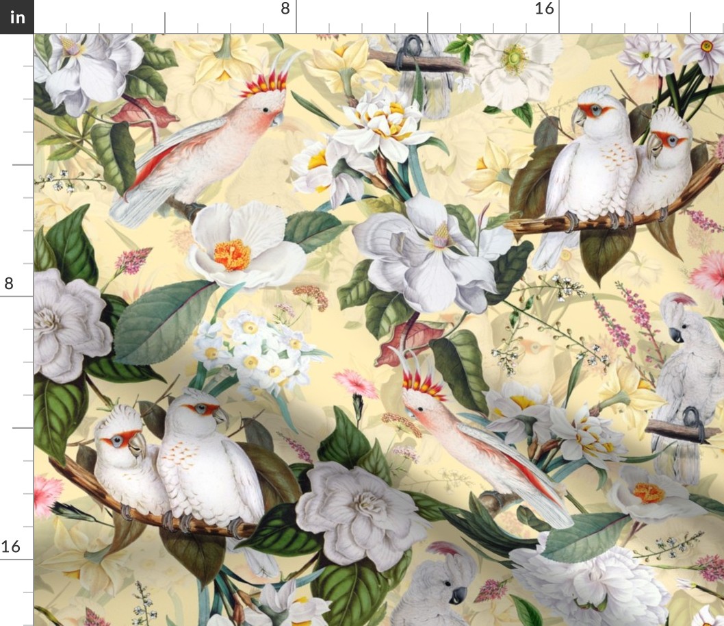21"  Pink Parrots Birds and Exotic Flowers Vintage Pattern,  Parrot Fabric, Vintage Fabric, on yellow - double layer