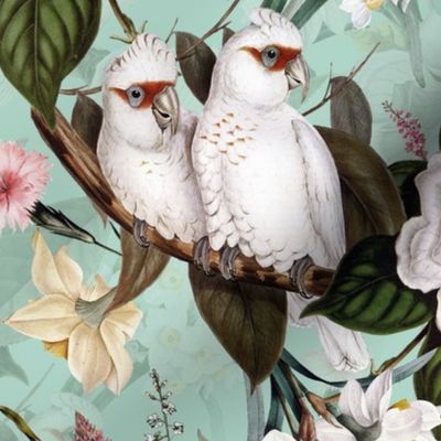 21"  Pink Parrots Birds and Exotic Flowers Vintage Pattern,  Parrot Fabric, Vintage Fabric, on turquoise - double layer