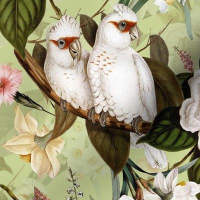 21"  Pink Parrots Birds and Exotic Flowers Vintage Pattern,  Parrot Fabric, Vintage Fabric, on green - double layer