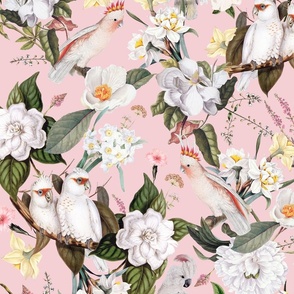 Pink Parrots Birds and Exotic Flowers Vintage Pattern,  Parrot Fabric, Vintage Fabric, on light pink