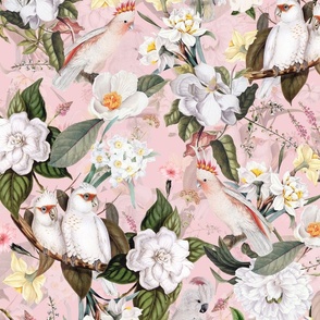 21"  Pink Parrots Birds and Exotic Flowers Vintage Pattern,  Parrot Fabric, Vintage Fabric, on light pink - double layer