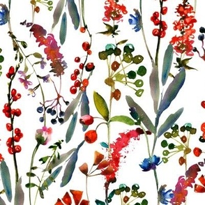 18" Colorful fall wildflower meadow,watercolor wildgrasses on white