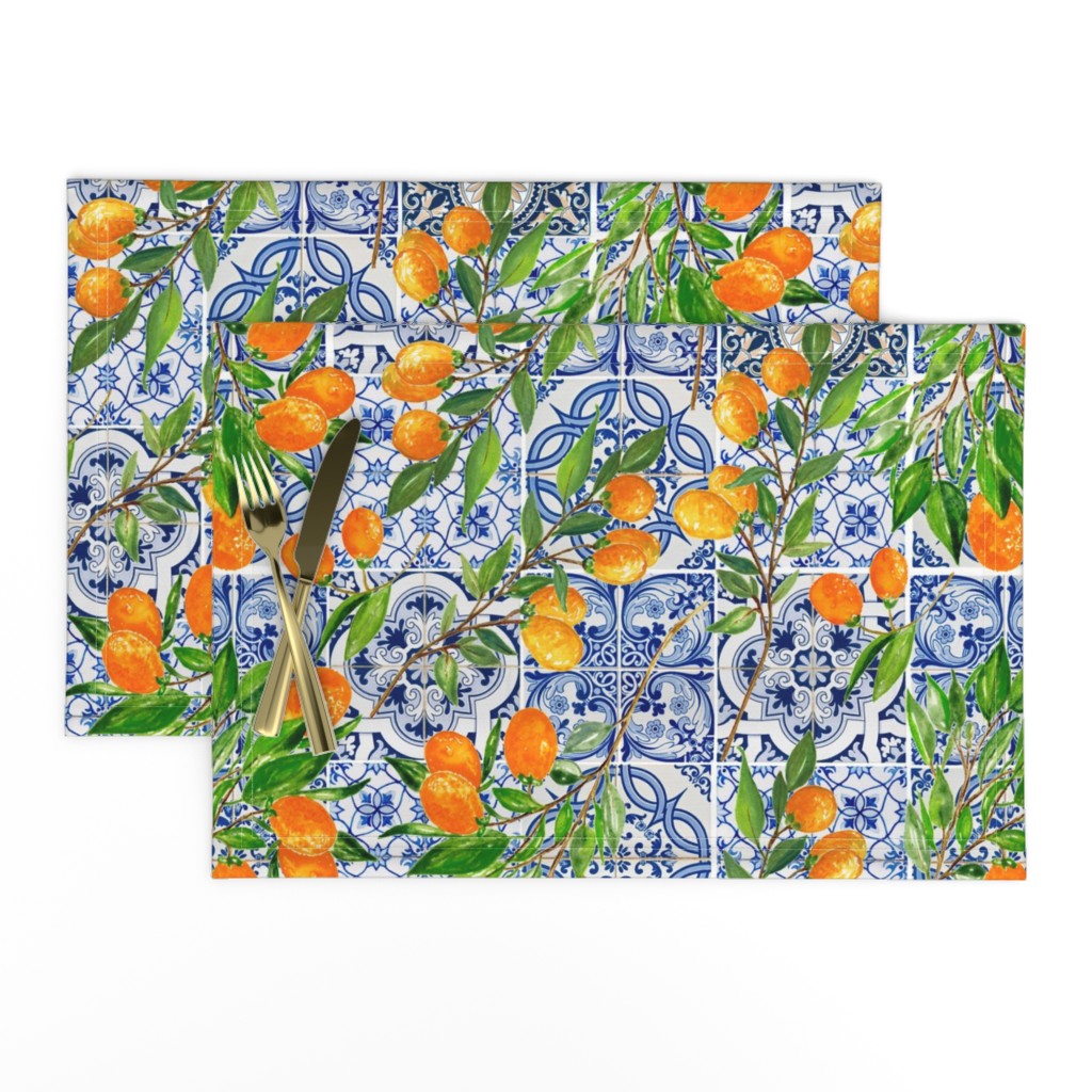 Orange Cumquat Fruit Branches on Colorful hand painted mediteranean tiles