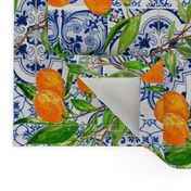 Orange Cumquat Fruit Branches on Colorful hand painted mediteranean tiles