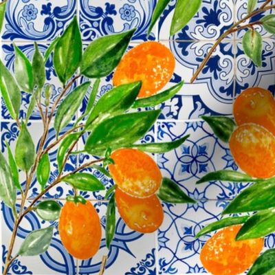 Orange Cumquat Fruit Branches on Colorful hand painted mediteranean tiles