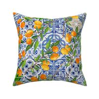 Orange Cumquat Fruit Branches on Colorful hand painted mediteranean tiles