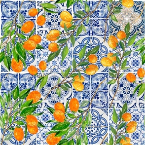 Orange Cumquat Fruit Branches on Colorful hand painted mediteranean tiles