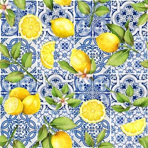 Lemon Fruit Branches on Colorful hand painted mediteranean tiles