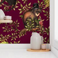 Vintage Monkeys Garden Party - Antique Chinoiserie with drunk nostalgic  monkeys  dark red- Marie Antoinette Chinoiserie inspired