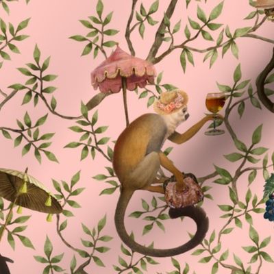 Vintage Monkeys Garden Party - Antique Chinoiserie with drunk nostalgic monkeys  pink- Marie Antoinette Chinoiserie inspired