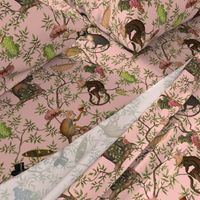 Vintage Monkeys Garden Party - Antique Chinoiserie with drunk nostalgic monkeys  pink- Marie Antoinette Chinoiserie inspired