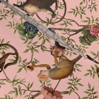 Vintage Monkeys Garden Party - Antique Chinoiserie with drunk nostalgic monkeys  pink- Marie Antoinette Chinoiserie inspired