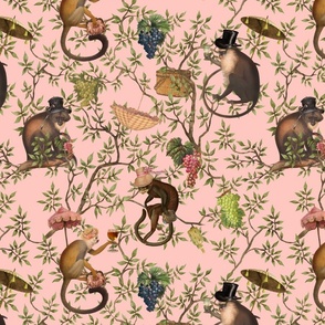 Vintage Monkeys Garden Party - Antique Chinoiserie with drunk nostalgic monkeys  pink- Marie Antoinette Chinoiserie inspired