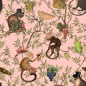 Vintage Monkeys Garden Party - Antique Chinoiserie with drunk nostalgic monkeys  pink- Marie Antoinette Chinoiserie inspired