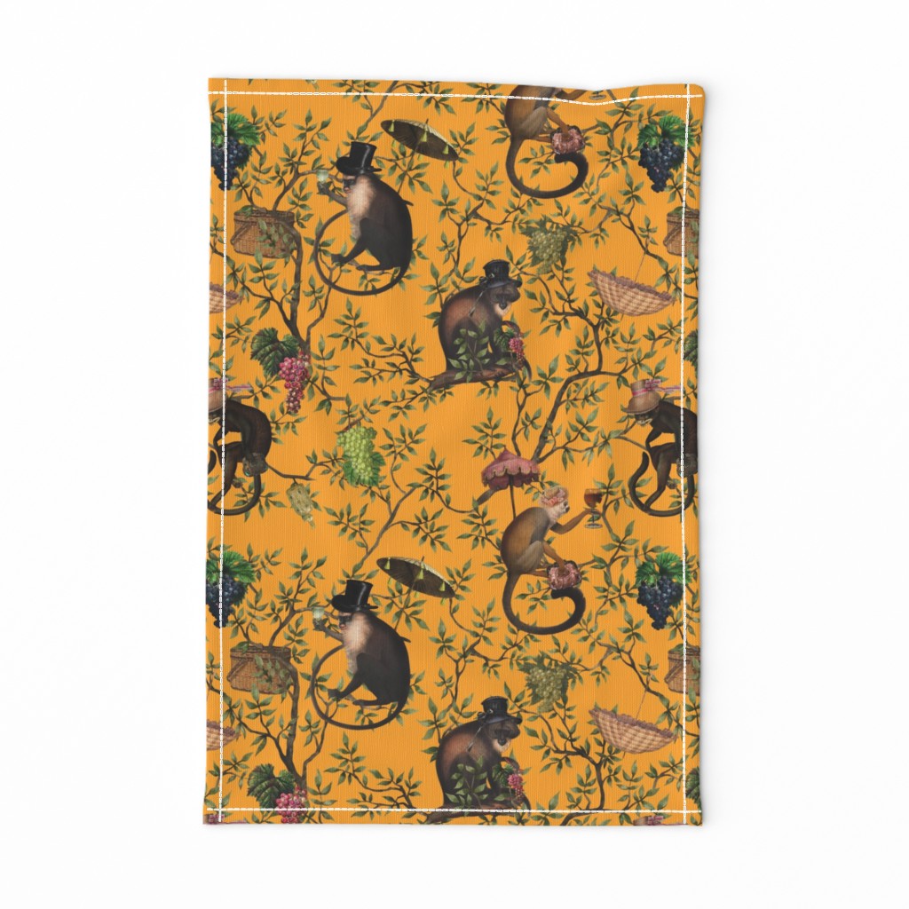 Vintage Monkeys Garden Party - Antique Chinoiserie with drunk nostalgic monkeys mustard yellow- Marie Antoinette Chinoiserie inspired