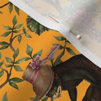 Vintage Monkeys Garden Party - Antique Chinoiserie with drunk nostalgic monkeys mustard yellow- Marie Antoinette Chinoiserie inspired