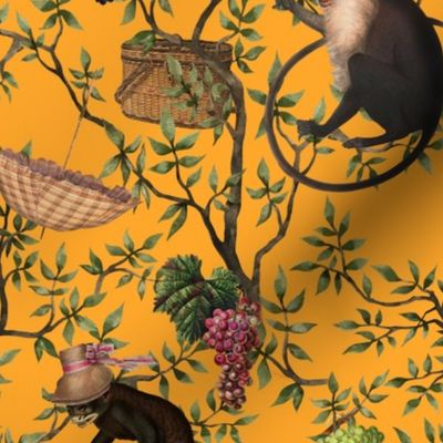 Vintage Monkeys Garden Party - Antique Chinoiserie with drunk nostalgic monkeys mustard yellow- Marie Antoinette Chinoiserie inspired