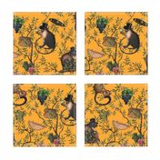 Vintage Monkeys Garden Party - Antique Chinoiserie with drunk nostalgic monkeys mustard yellow- Marie Antoinette Chinoiserie inspired