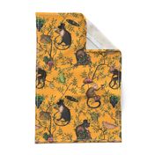 Vintage Monkeys Garden Party - Antique Chinoiserie with drunk nostalgic monkeys mustard yellow- Marie Antoinette Chinoiserie inspired