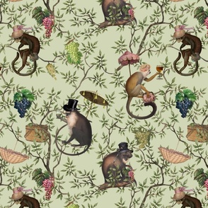 nostalgic antiqued Monkeys Garden Party - Antique Chinoiserie with drunk monkeys  green,Vintage home decor, antique wallpaper,- Marie Antoinette Chinoiserie inspired