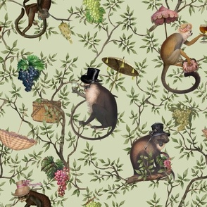 nostalgic antiqued Monkeys Garden Party - Antique Chinoiserie with drunk monkeys  green,Vintage home decor, antique wallpaper,- Marie Antoinette Chinoiserie inspired