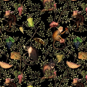 nostalgic  Monkeys Garden Party - Antique dark moody floral Chinoiserie with drunk monkeys  black- Marie Antoinette Chinoiserie inspired